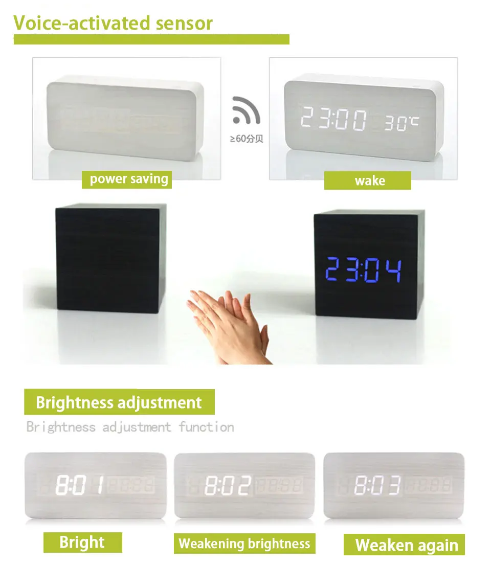 Деревянный светодиодный температурный контроль электронные часы Звуковое управление цифровой светодиодный дисплей настольные креативные деревянные настольные часы