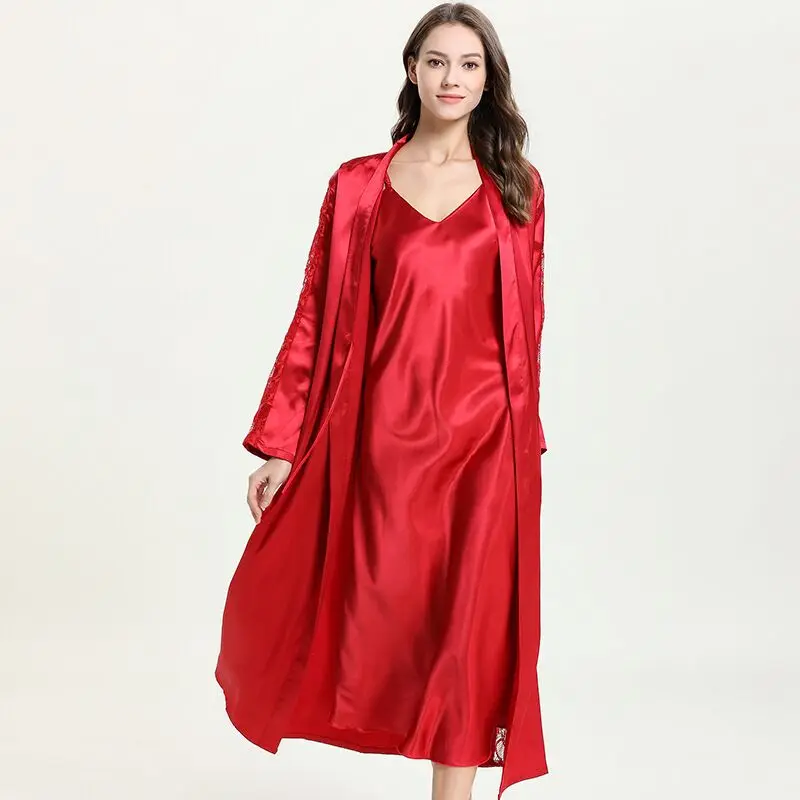Сексуальный кружевной Атласный халат и платье, комплект из 2 предметов, длинное кимоно, халаты из искусственного шелка, ночное платье, свадебное платье подружки невесты, халат для женщин - Цвет: Red