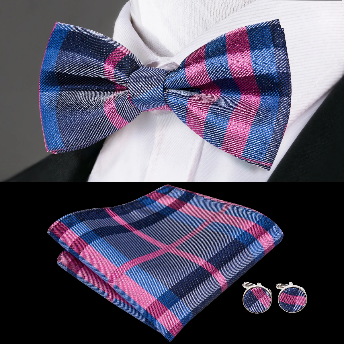 Высокое качество шелковые галстуки-бабочки для Для мужчин Горячий синий плед Для мужчин свадебные бабочкой платок запонки набор мужской