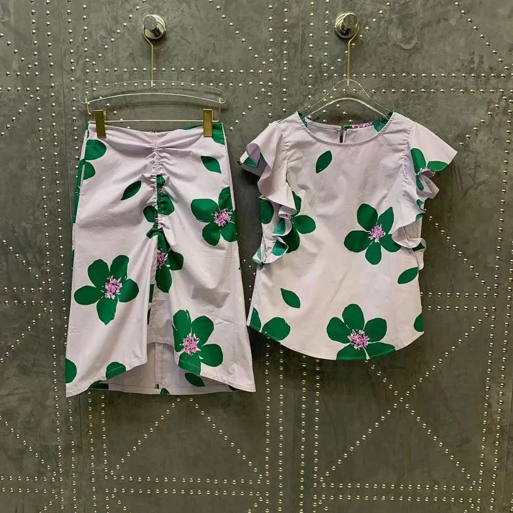 Весна 2019 лето женские новые гофрированные летающие рукава печати комплект Топ с высокой талией плиссированная юбка 0615