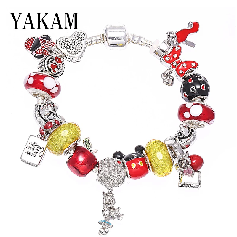 

Kawaii Red Mickey High Heels Pendant Fashion Bracelet Bow Heart Yellow Glass Beads Charms Bracelets Bangles for Women Jewelry