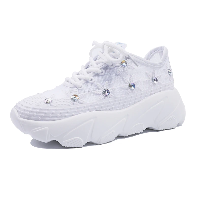 

2019 Spring/Summer New Chunky Sneakers Women Shoes Lace crystal Casual Platform Sneakers Breathable Mesh White Sneakers
