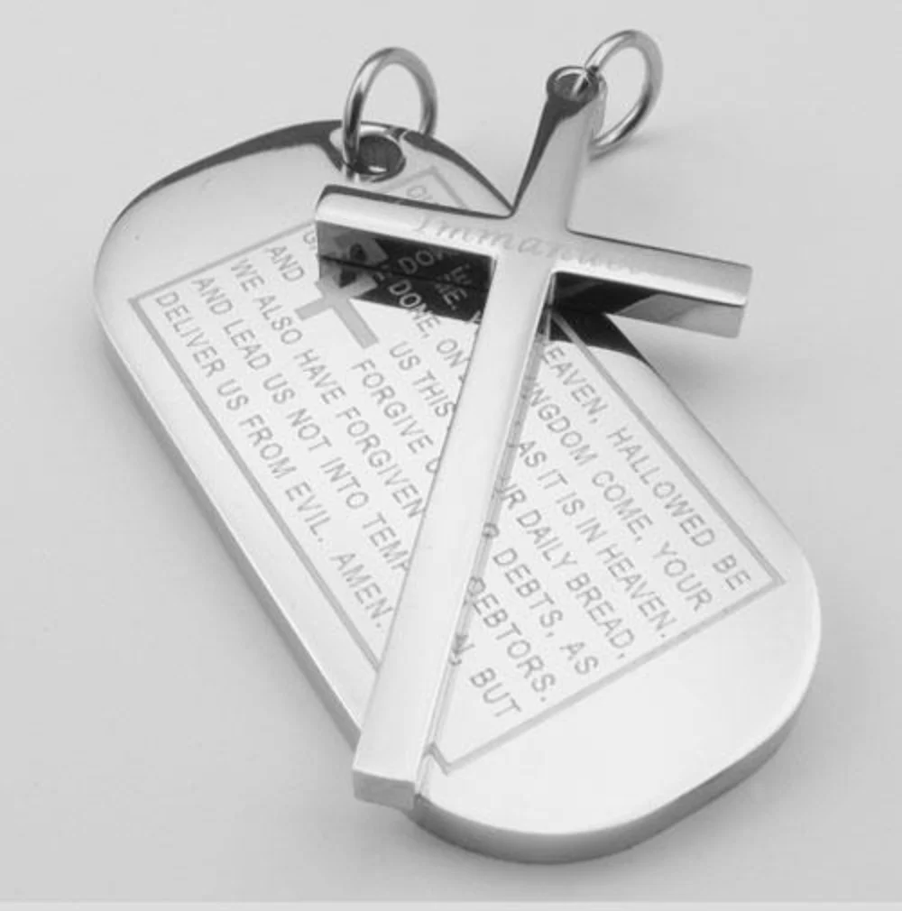 

Jewelry 2pcs Mens Women's Stainless Steel Cross Lord Prayer Dog Tag Pendant Necklace Set,Colour Silver,Chain 22 inch
