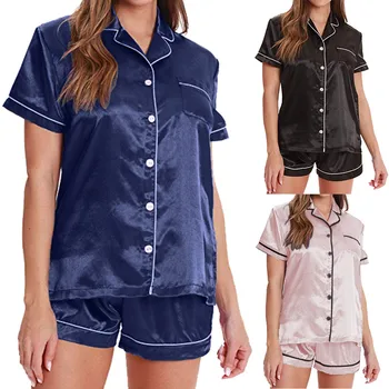

Pyjamas Women Sexy Lingerie Bodydoll Pajamas Women Summer Home Button Down Solid Satin Pajama Short Sleeve Set Sleepwear #s