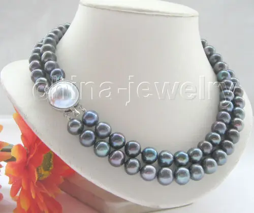 

shipping 17-18" 2row 11mm black round freshwater pearl necklace -925 silver blister pearl