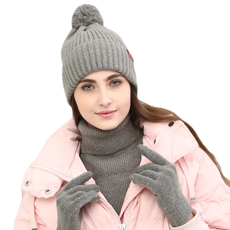 

Women Winter Knitted Pompom Hats Scarves Gloves Set FashionCotton Thick Warm Shawl For Girls Female Youth Full Fingers Glove