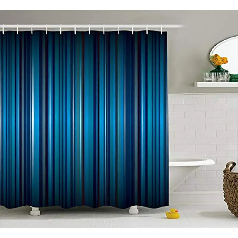 

Vixm Harbour Stripe Shower Curtain Vibrant Nvay Blue Background with Thin Vertical Lines Modern Design Fabric Bath Curtains
