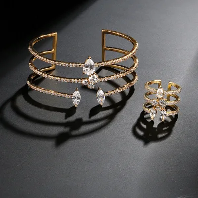 HIBRIDE Luxury Cubic Zircon Women Bangle Ring Sets Water Drop Crystal Cuff Bracelets Bangle Parure Bijoux Femme N-640 - Image 2