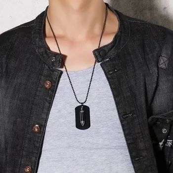 

Free Engraving Army Style Mens Open Bullet Dog Tag Pendant Necklace with Biker Stainless Steel Male Jewelry 24 Inch Chain