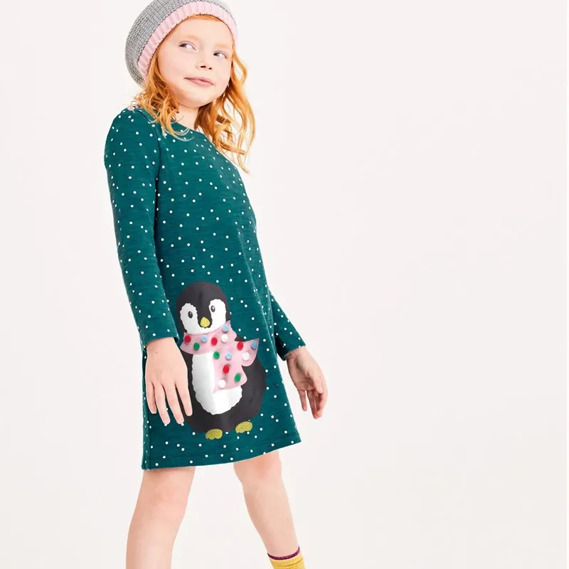 Платья с аппликацией пингвина для малышей Одежда для девочек осенние платья для малышей хлопковые платья с длинными рукавами в горошек, vestido, г. детские платья на 2 года