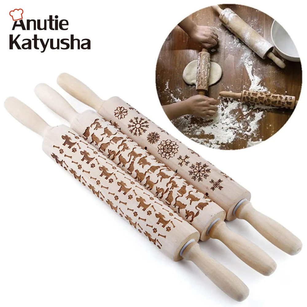 

43*5cmDog Christmas Snowflake Cat Wooden Rolling Pin Embossing Baking Cookies Noodle Biscuit Fondant Cake Dough Patterned Roller