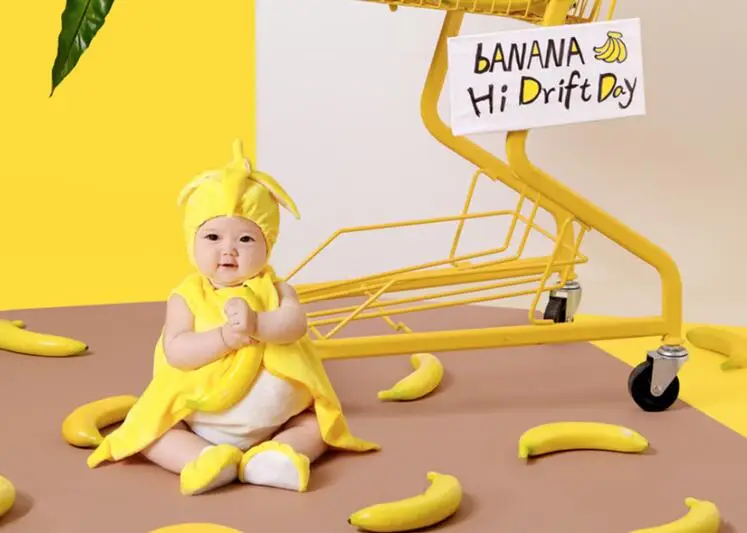 

JOYINPARTY infant unisex banana fruit plush cute costume set yellow hat+bodysuit+vest+socks set new costume baby