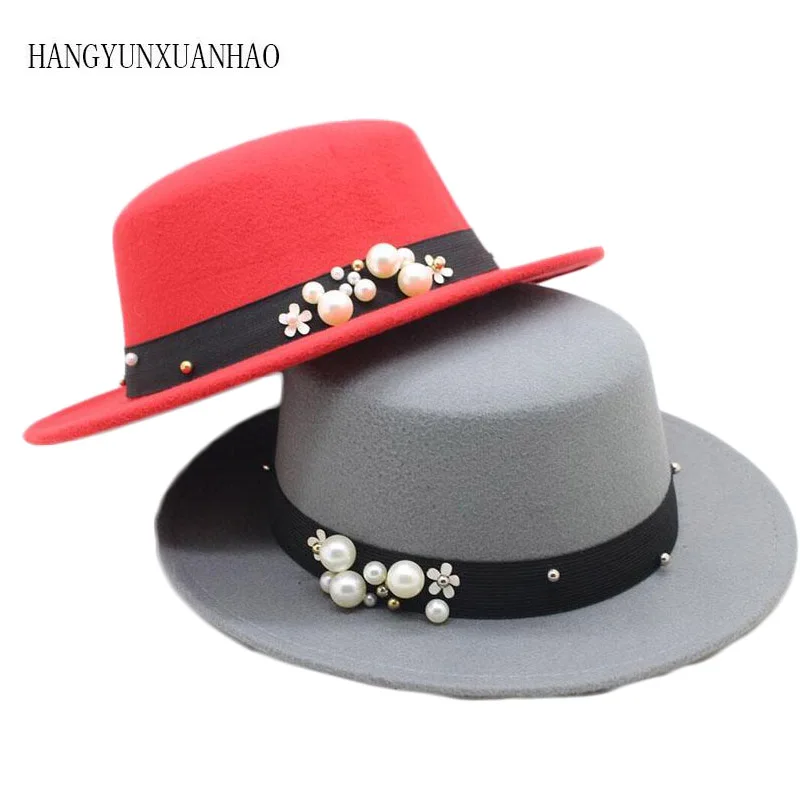 

Parent-child Wool Boater Pearl Flat Top Hat Women's Felt Wide Brim Fedora Laday Prok Pie Chapeu de Feltro Bowler Gambler Top Hat