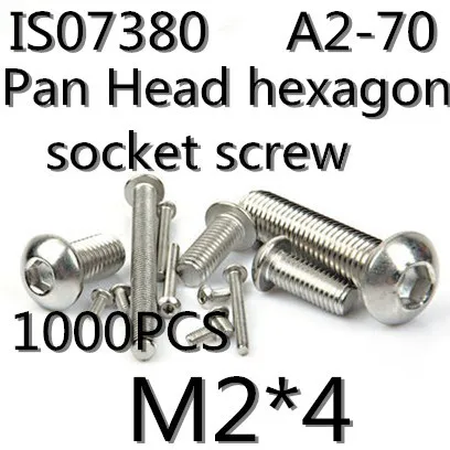 

1000pcs/lot Stainless Steel 304 ISO7380 M2*4 Pan Head Hexagon Socket Button Head Cap Screws