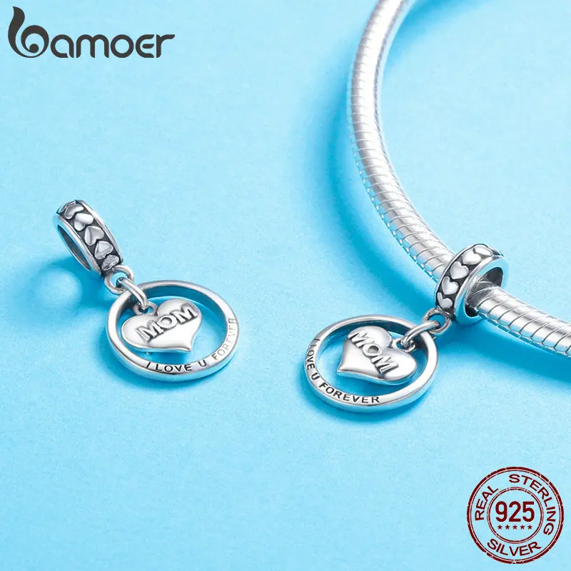 925 Sterling Silver Mom Engraved Love Heart Dangle Charm Pendant Bead For Wonmen