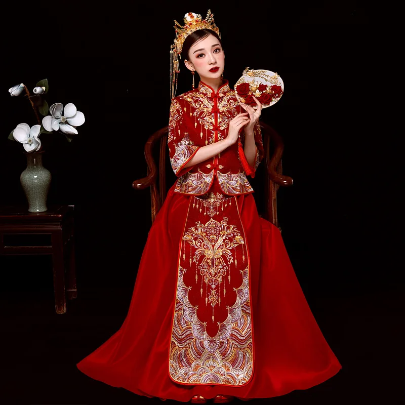 

Bride Embroidery Cheongsam Vintage Chinese Style Wedding Dress Lady Phoenix Gown Marriage Qipao red Clothes Plus Size 3XL