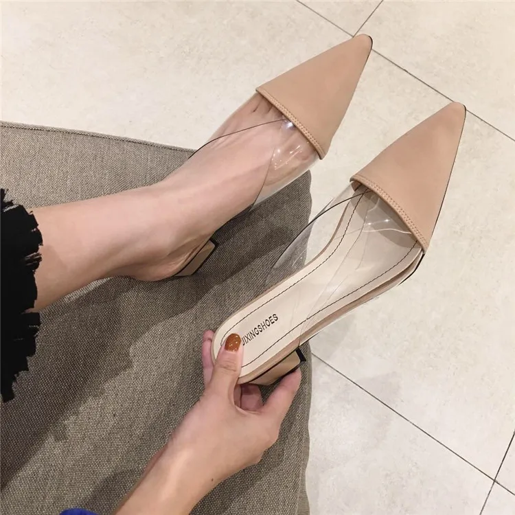 

Tip High Heel Mueller's Transparent Splice Pack Half-Slide Coarse Heel Cold Drag New Korean Women's Shoe in Spring and Summer