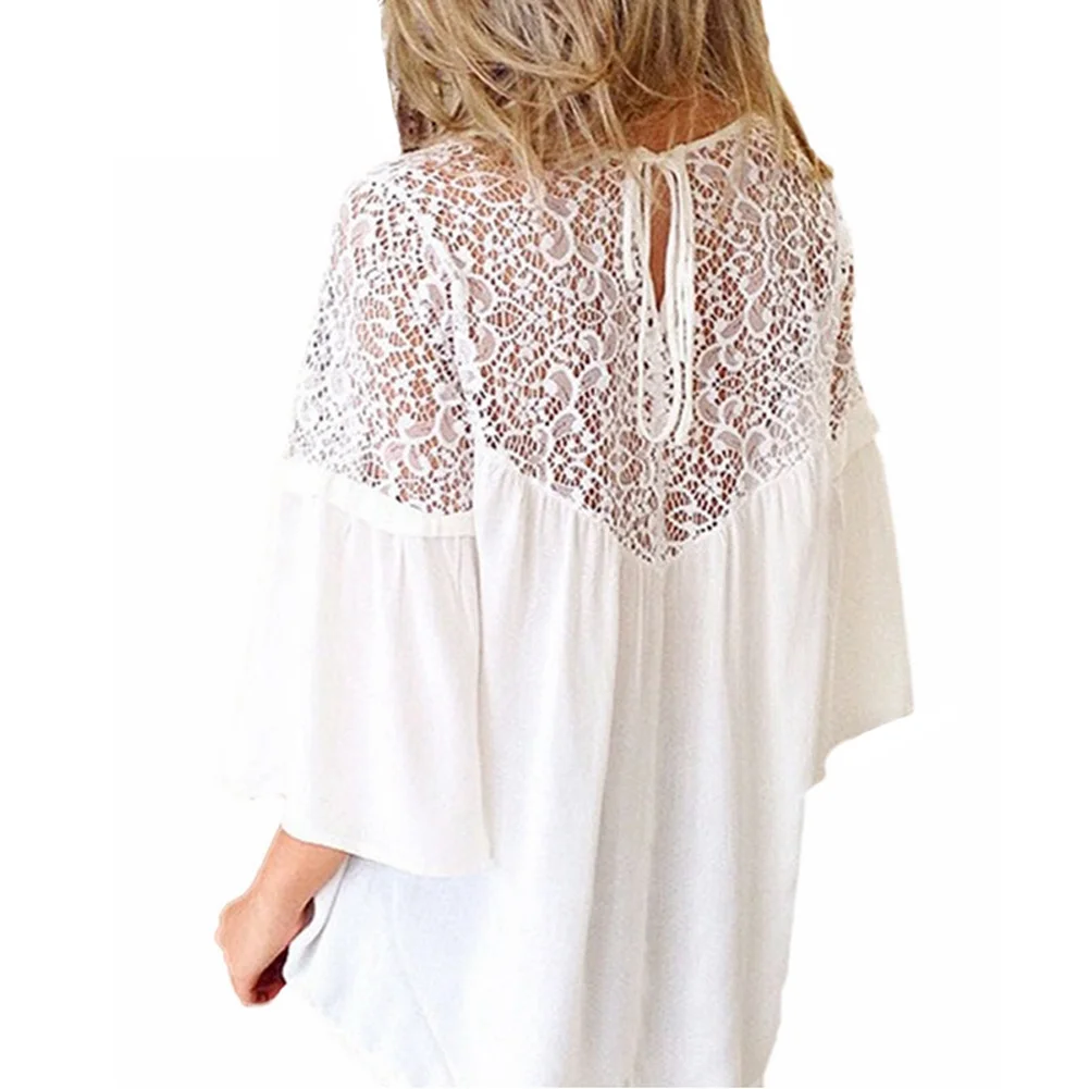 

Summer Women Lace Splicing Shirt Casual Loose Solid Oversized Blouse Tie 3/4 Sleeves Round Neck Female Top White Camisetas Mujer