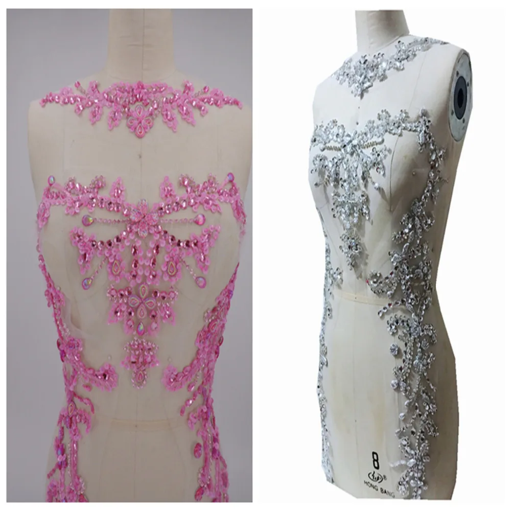 

60*43cm Handmade silver/pink sew on Rhinestones applique on mesh crystal patches with stones sequins beads