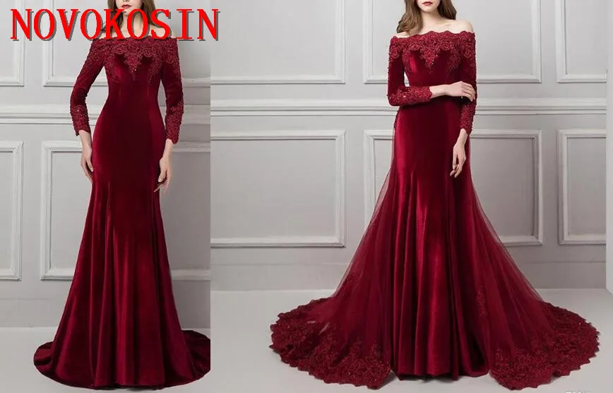 

2019 Off-Shoulder Lace Appliqued Evening Dresses With Detachable Train Boat Neck Long Sleeve Velvet Prom Dress Party Gown