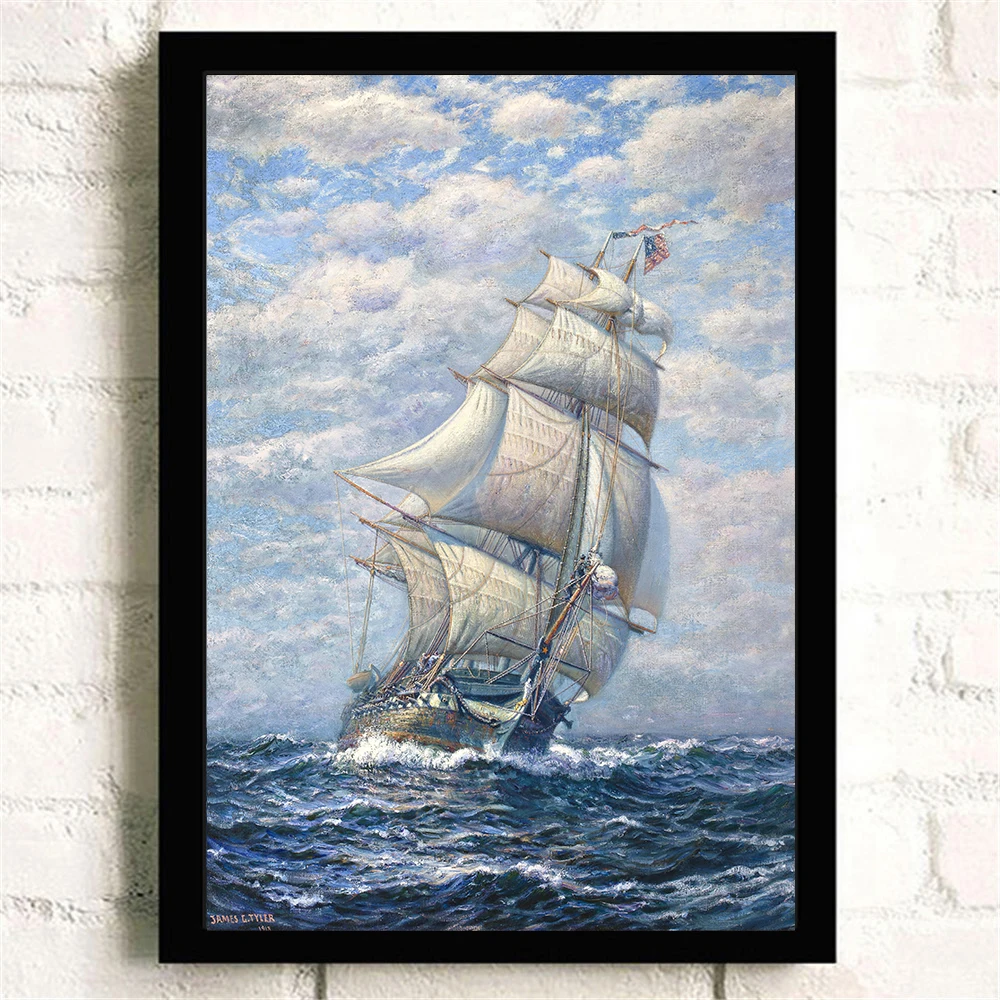 Vintage Noridc High Quality Silk Painting about Ship Sailboat Poster Wall Pictures for Living Room Kids Room Decoration Cuadros - Цвет: Светло-серый