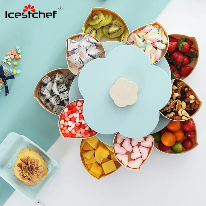 

ICESTCHEF Petal Shape Rotating Snack Box Double-deck Rotary Storage Box Flower Design Candy Dry Fruits Organizer Storage