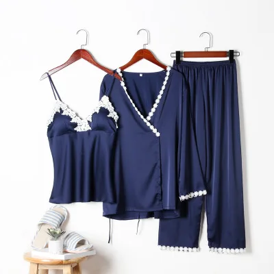 

New Women Luxury Autumn Winter Silk Pyjama Set Women Sexy Lace Pajamas Set + Robe 3 pcs Lingerie Sets Sleepwear Nightie Homewear
