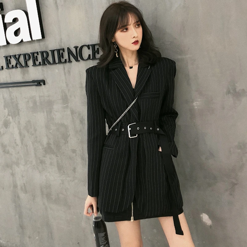 Preise Mode Gestreiften Schärpen Weibliche Blazer Kerb Volle Hülse Schwarz Woemn Jacke Herbst Lose Anzug Streetwear 2018 Hohe Qualität