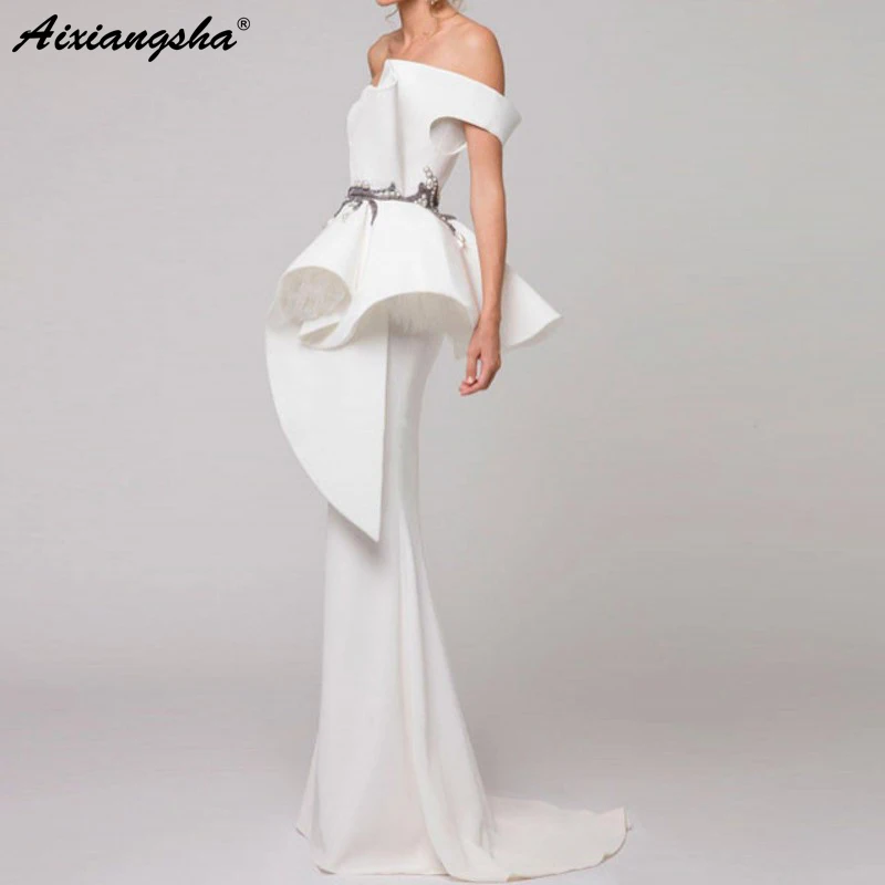 Elegant Formal Dress White Evening Dresses Satin Ruffles Beaded Saudi Arabic Mermaid Evening Gown Long abendkleider