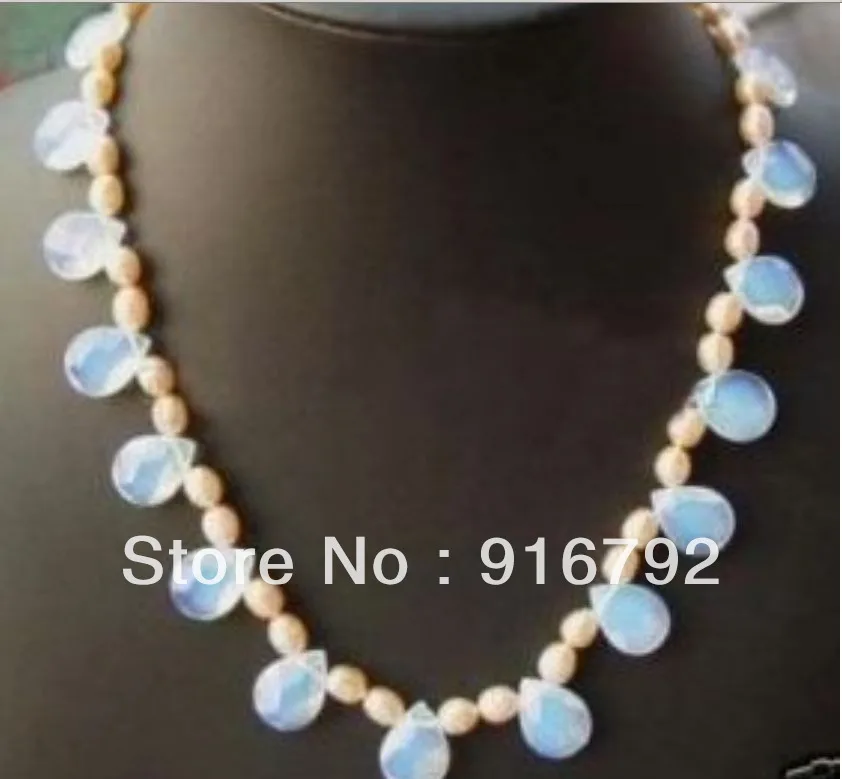 

free shipping >>>>>Pink Rice Pearl White Drop-Shaped Opal Necklace 17.5