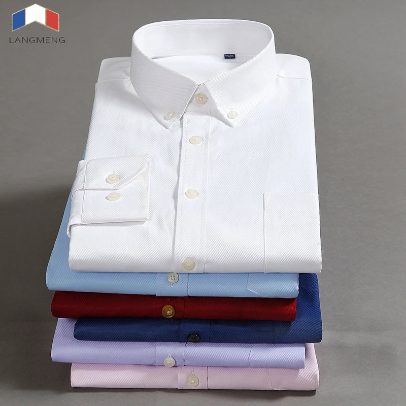 

LANGMENG 2018 Brand Plus Size 7XL Men Dress Shirts Mens Slim Fit Casual Shirt Twill Solid Color Formal Social Shirt Easy Care