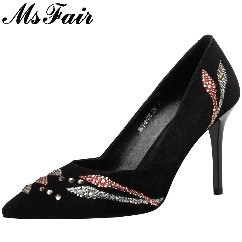 

MSFAIR Pointed Toe Thin Heels Women Pumps Fashion Embroider Crystal Ladies Super High heel Pumps 2018 Spring Shallow Women Pumps