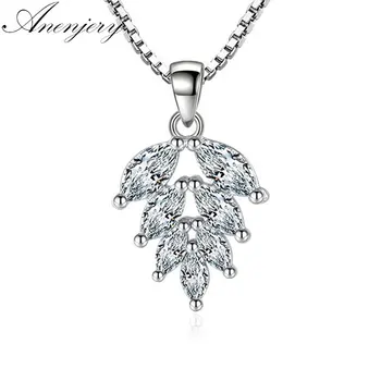 

Anenjery Silver Color Jewelry Zircon Ice Leaves Pendant Neckace For Women Gift 45cm Box Chain choker collares S-N146
