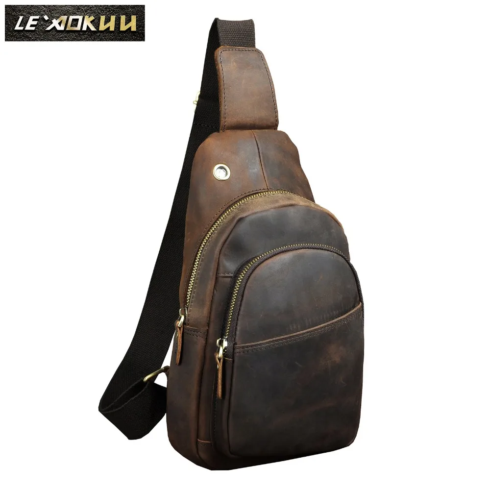 

Quality Leather Men Casual Fashion Travel Triangle Chest Sling Bag Design 8" Tablets One Shoulder Strap Bag Daypack Male 008