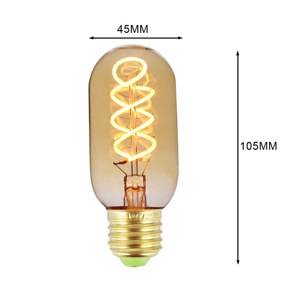 Изогнутый светодиодный диммер, лампа Эдисона, светодиодный светильник с нитью накаливания, винтажный светодиодный светильник, гигантская лампа Эдисона, мягкий светодиодный декоративный светильник с нитью накаливания, 220 В, 4 Вт - Испускаемый цвет: T45 SPIRAL