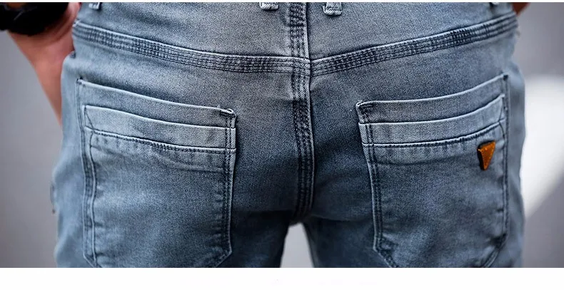 New Korean Style Men Jeans Grey Slim Skinny Man Biker Jeans with Zippers Designer Stretch Fashion