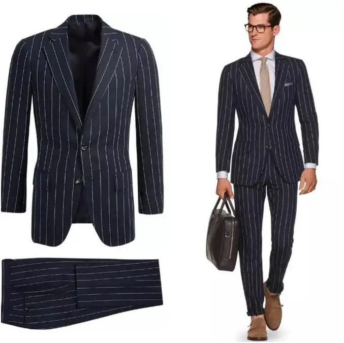 2018 Latest Coat Pant Designs Navy Blue Stripe Men Suit Single Breasted