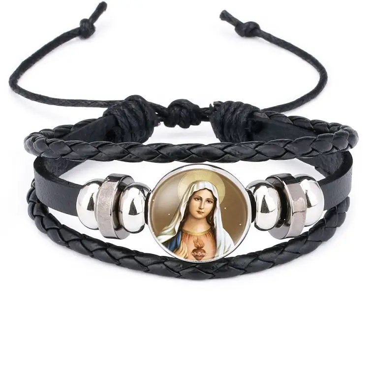 

Catholic Rosary Bracelet Black Leather Wrap Bangle Time Glass Catholic Lucky Bracelet Religious Jewelry Adjustable Length