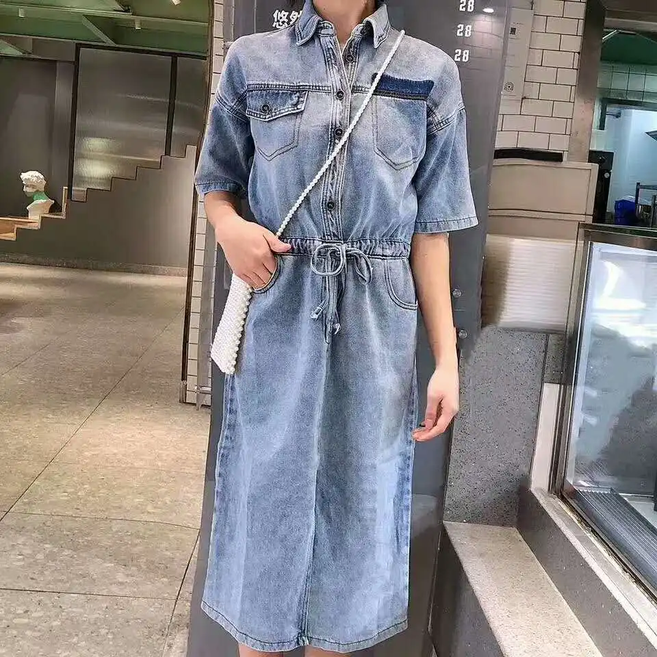 Bodycon Plus Size Denim Dress Women Summer Short Sleeve Sashes Elastic Waist Turn-down Collar Dresses Casual Loose Jeans Dress