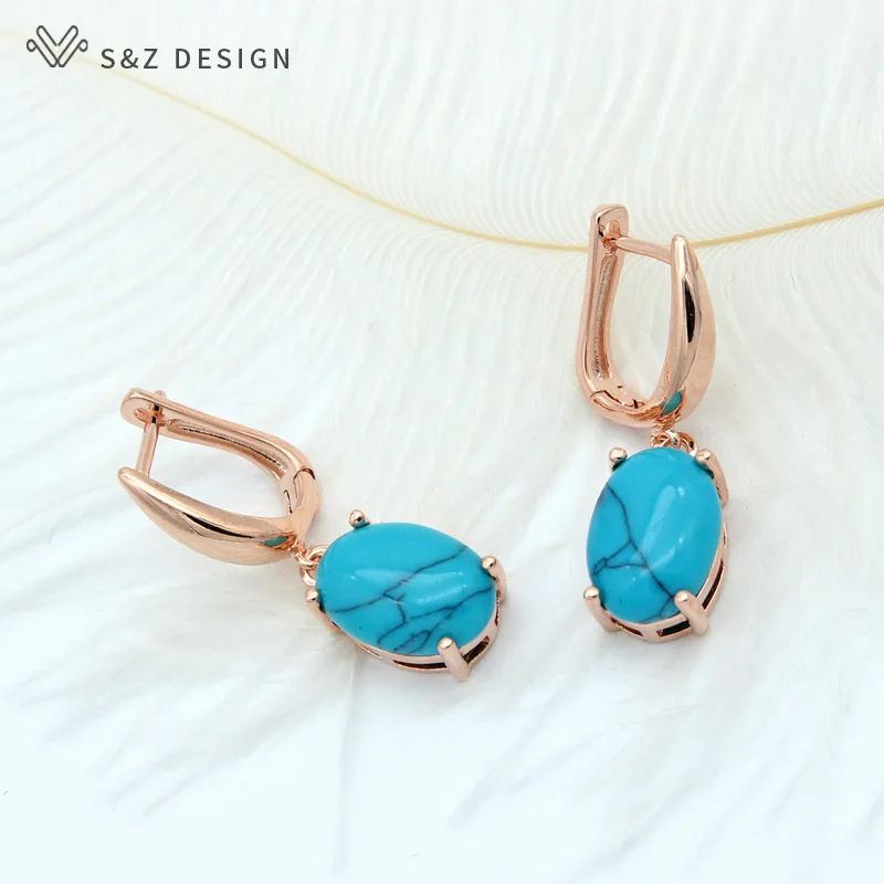 S&Z DESIGN New Classic Oval Egg Shape Synthetic Turquoises Dangle Earrings For Women Vintage 585 Rose Gold Color Trendy Jewelry