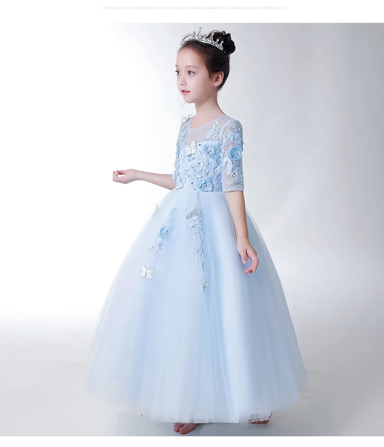 Элегантное платье с бусинами и бабочками для девочек, праздничное Пышное Платье до щиколотки, синее Тюлевое платье принцессы для свадьбы