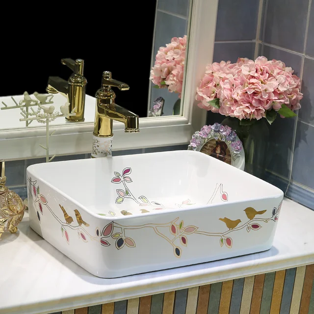 Europe Style Chinese Jingdezhen Art Counter Top Ceramic Washing Basin Bathroom Sink Painted Rectangular Shape Sink Bird In Bathroom Sinks From Home