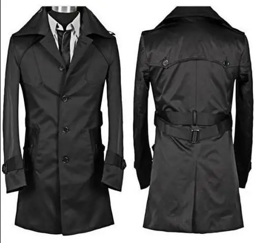 Мужской двубортный Тренч черный облегающий с длинным рукавом|trench coat men|mens overcoatmen