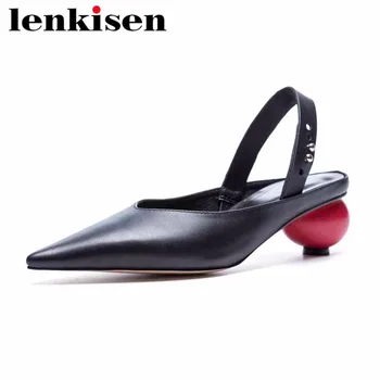

Lenkisen 2018 full grain leather pointed toe solid elastic band women concise band med strange heels fashion slingback pumps L77