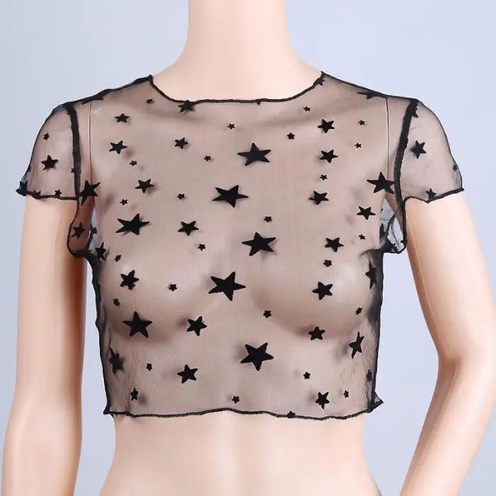 FREE SHIPPING High Neck Stars Embroidery Mesh Lady Crop Tops JKP1052 ...