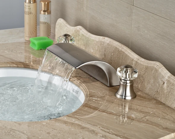 

Modern Deck Mounted Basin Faucet Nickel Brushed Sink Mixer Tap Dual Crystal Handles