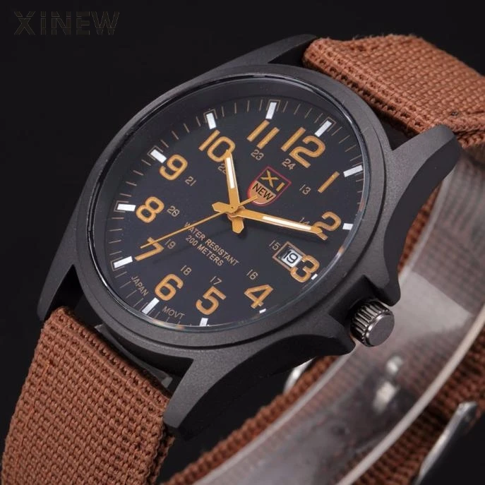 Новинка, мужские кварцевые часы от бренда XINEW с датой, армейские, военные, Холщовый ремешок, аналоговые часы, спортивные часы, наручные часы