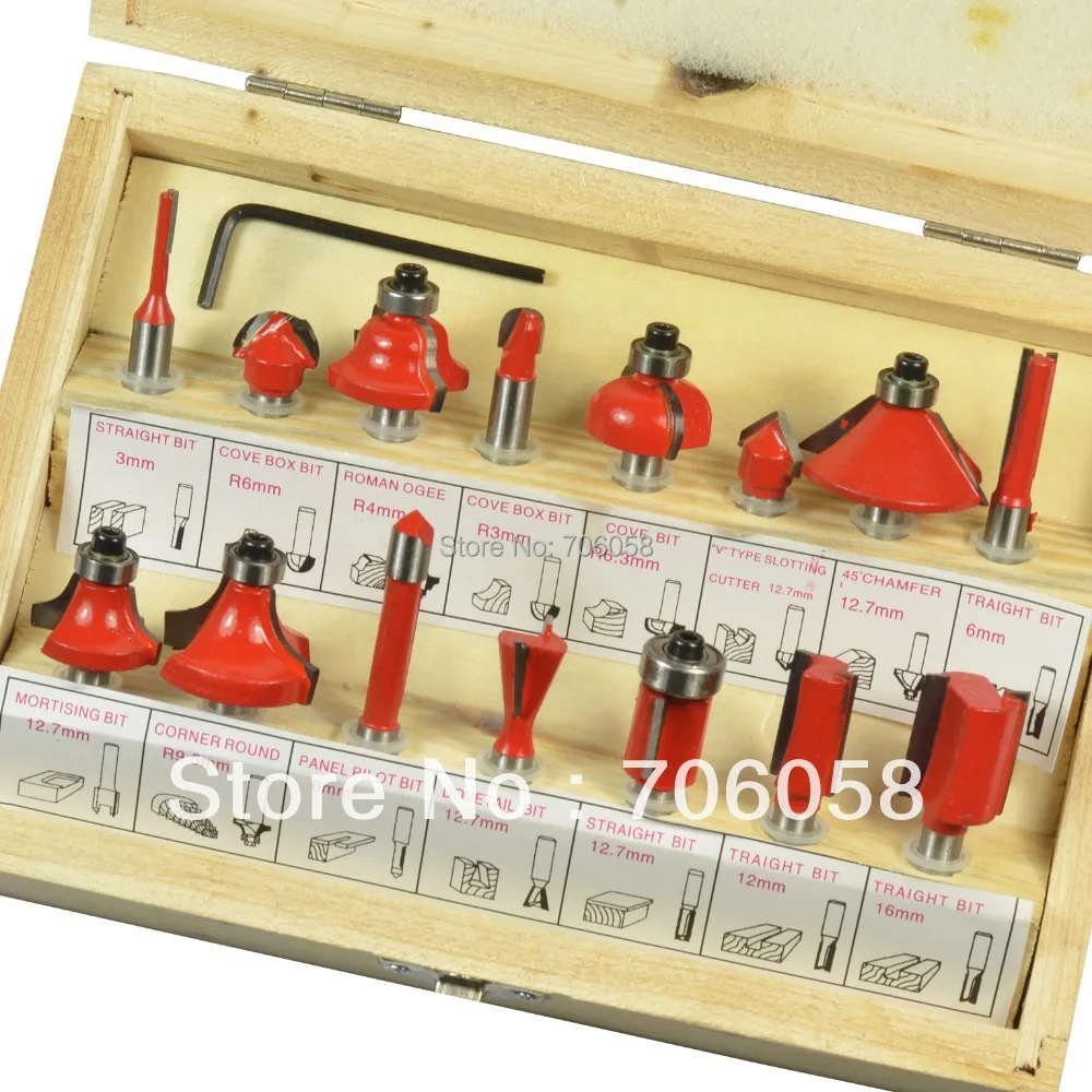 

15PCS 1/4" Professional Shank Tungsten Carbide Router Bit Set with Wood Case box Woodworking Trimming knife Forming Cutters
