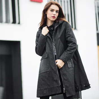 

New2018Winter women long Denim coat hooded Quilted outfit female casual jeans Cotton-padded overcoat top plus size outerwear 5XL