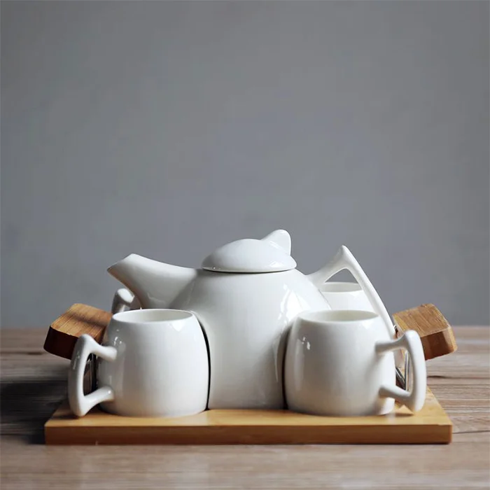 Simple Japanese Style White Ceramic Tea Sets Six Piece Set 1 Teapot 4